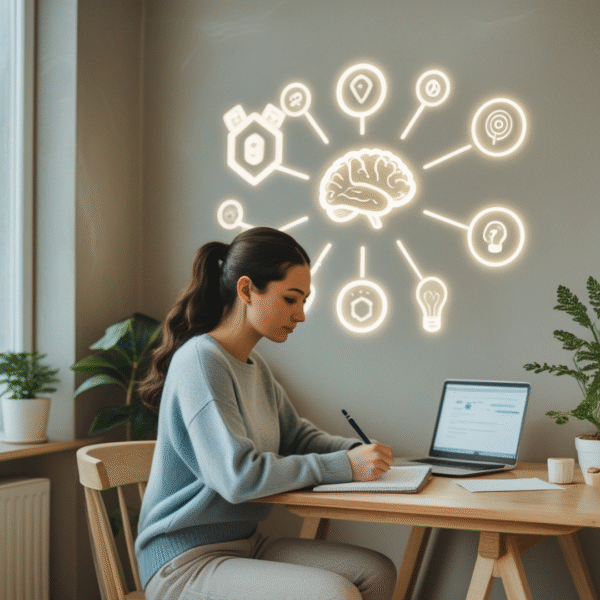 Woman in cream sweater thinking, with glowing question marks floating around her head on beige background.